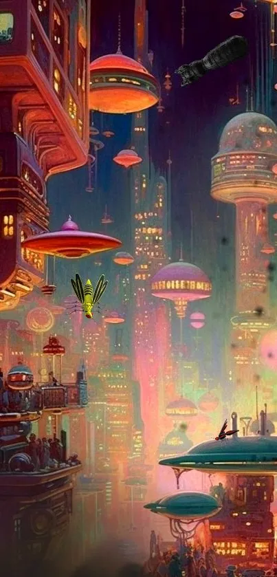 Futuristic cityscape with neon lights and floating vehicles.