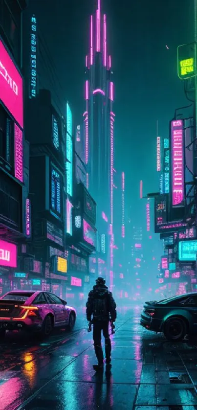 Futuristic neon-lit cityscape with vibrant lights and cyberpunk aesthetics.
