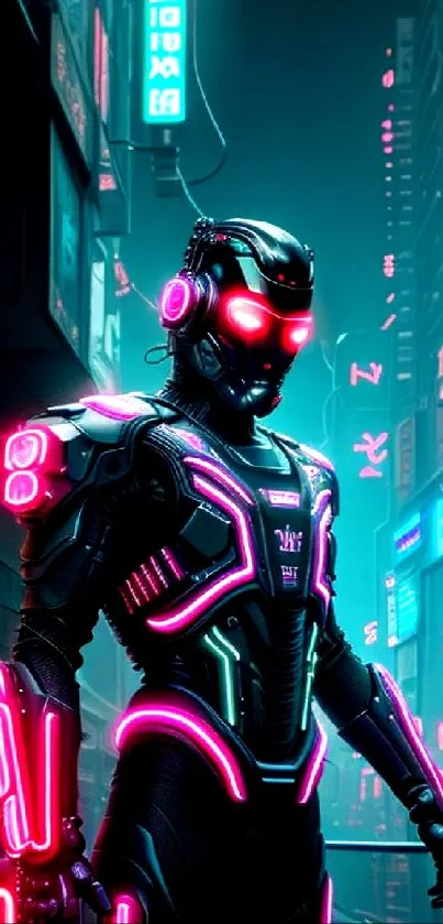 Futuristic neon cityscape with cyberpunk warrior and vibrant colors.