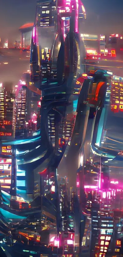 Vibrant neon-lit futuristic cityscape with skyscrapers at night.