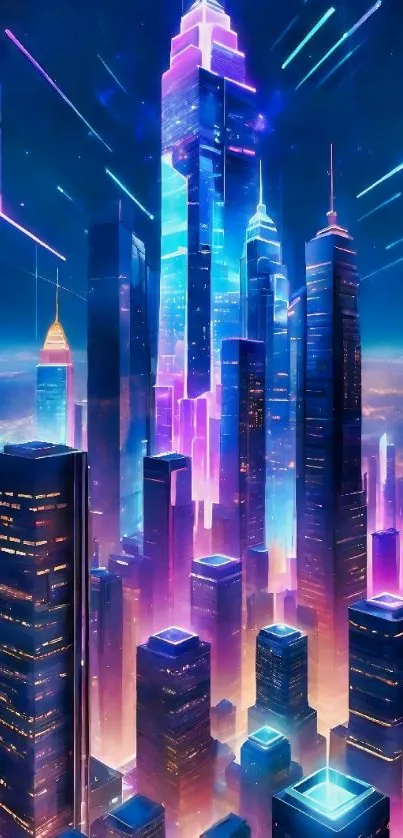 Futuristic neon cityscape with glowing skyscrapers.