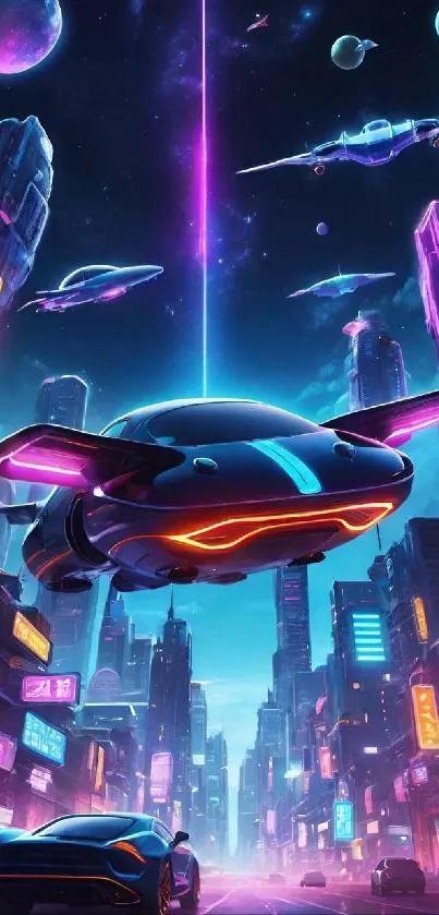 Futuristic cityscape with neon lights and flying cars under a vibrant night sky.
