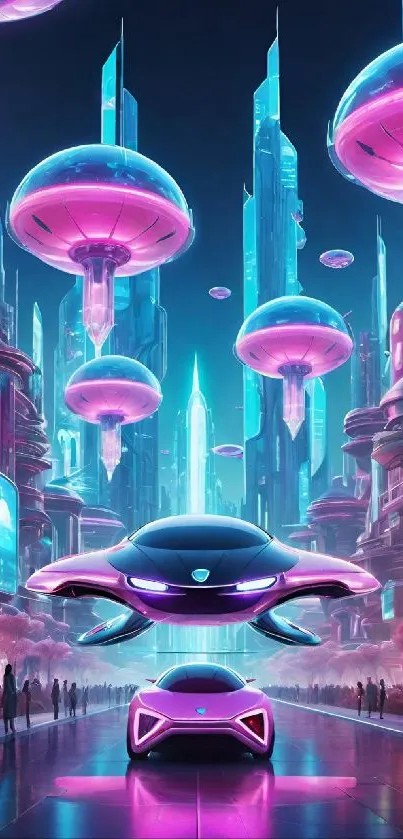Futuristic neon cityscape with flying cars and vibrant colors.