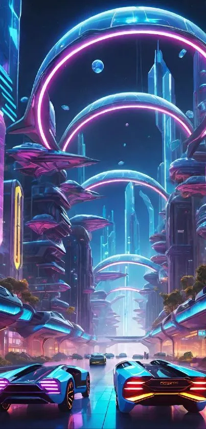 Futuristic cityscape with neon lights and flying cars in vibrant colors.