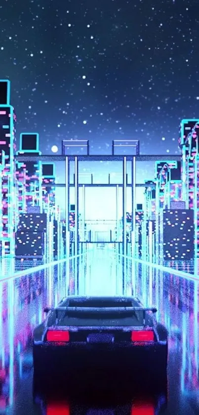 Futuristic neon cityscape with car reflecting vibrant digital lights.