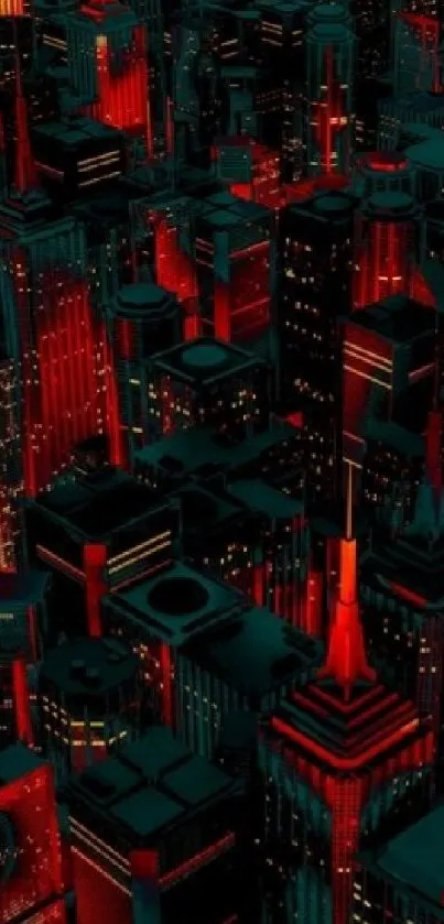 Futuristic cityscape with neon red lights.