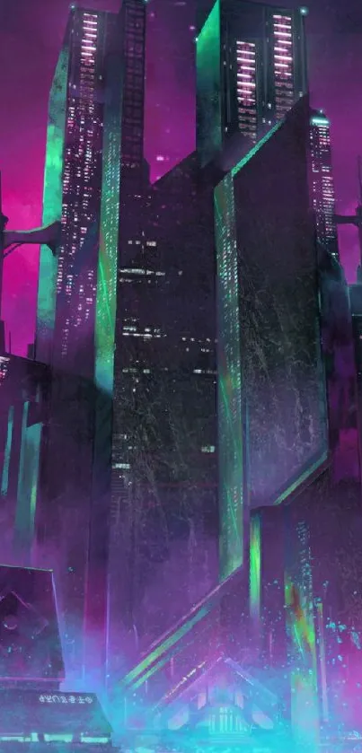 Futuristic cityscape with neon lights in vibrant purple and green hues.