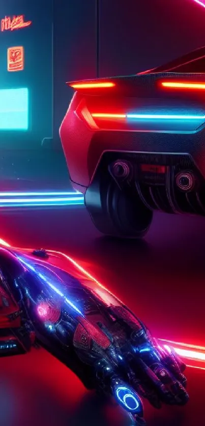 Futuristic cityscape with neon lights and sleek cars in vibrant colors.