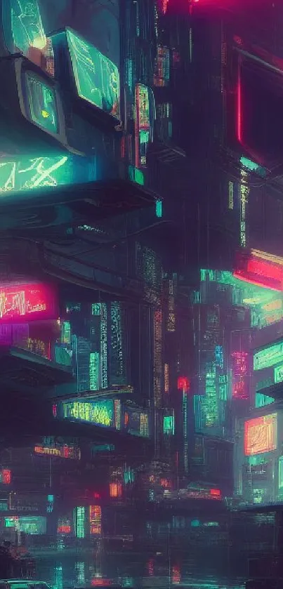 Futuristic neon cityscape with vibrant cyberpunk design.