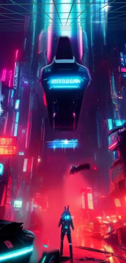 Futuristic neon cityscape with vibrant lights and a mysterious figure.