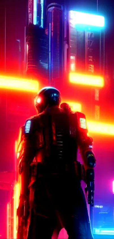 Futuristic cityscape with neon lights and silhouetted figure.