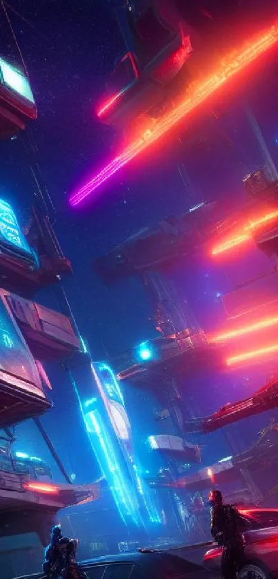 Futuristic neon cityscape with vibrant lights.