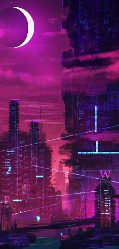 Futuristic cityscape with neon lights and a purple glowing night sky.