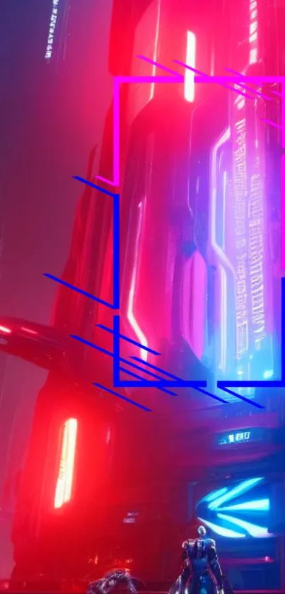 Futuristic neon cityscape wallpaper with blue and red lights.