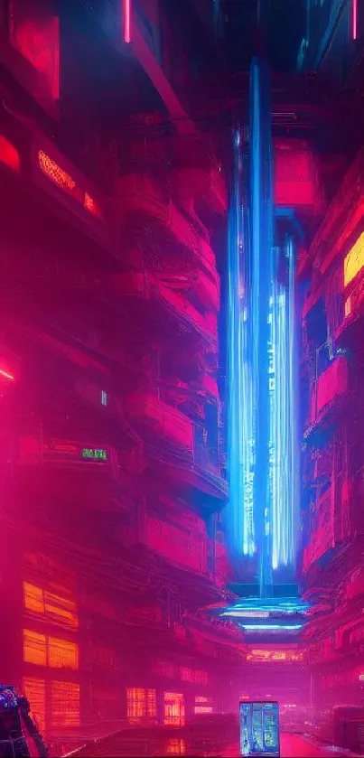 Futuristic neon cityscape with glowing lights and vibrant urban architecture.