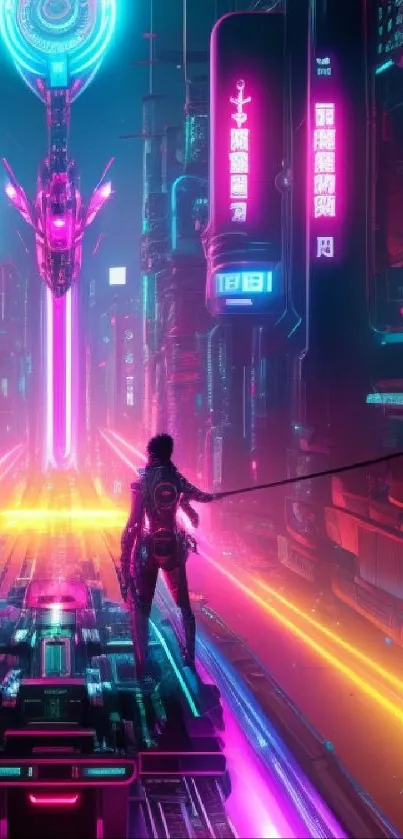 Futuristic cityscape with neon lights and a sci-fi atmosphere.