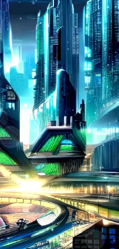 Futuristic cityscape in neon blue and green with towering skyscrapers.