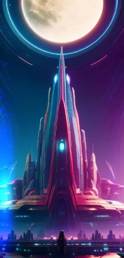 Futuristic neon cityscape with a moon above, featuring vibrant colors and a glowing skyline.