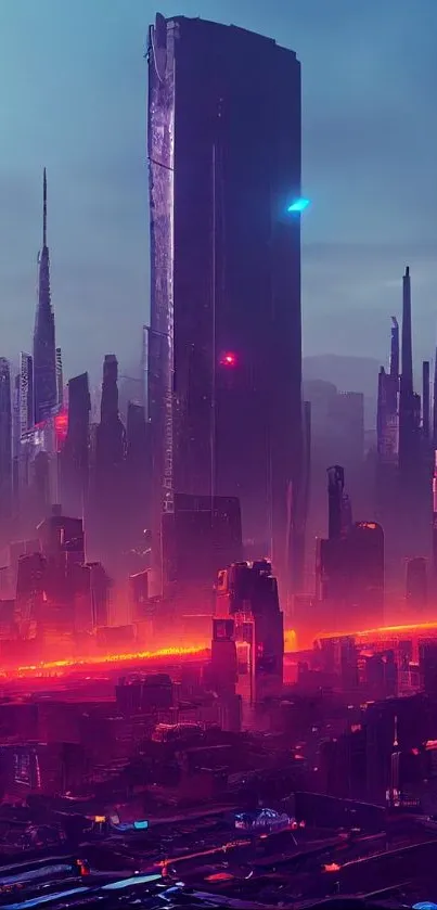 Futuristic cityscape with neon lights and towering skyscrapers.