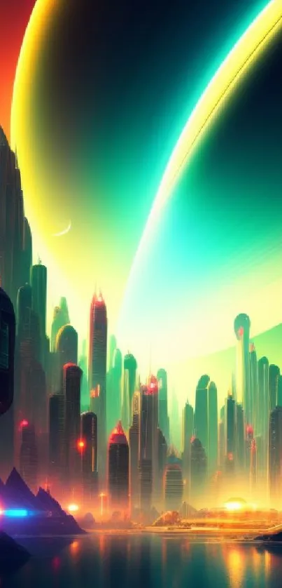 Futuristic neon cityscape with towering buildings and celestial sky.