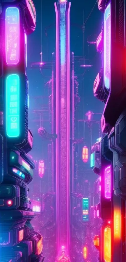 Futuristic neon cityscape with vibrant lights and urban architecture.