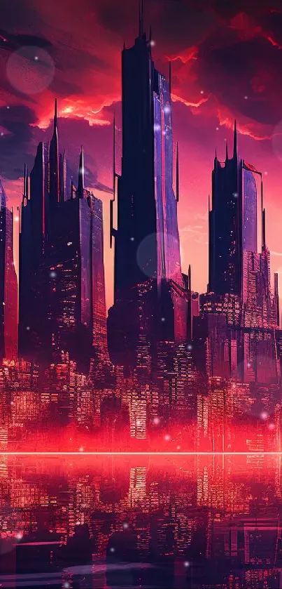 Futuristic cityscape with neon lights reflecting on water.