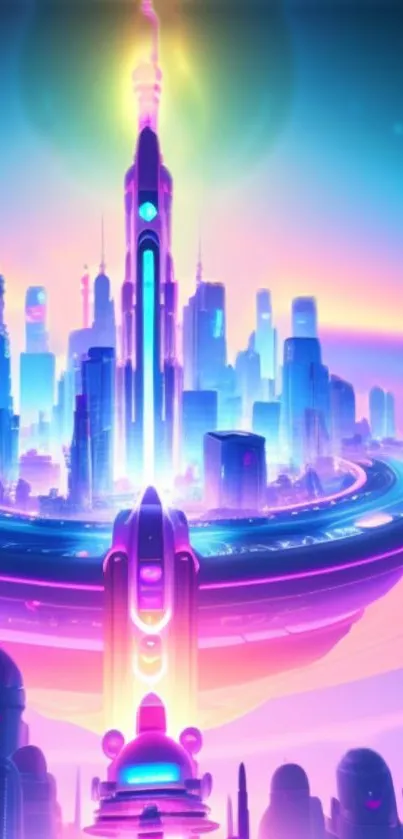 Futuristic neon cityscape wallpaper with vibrant skyline.