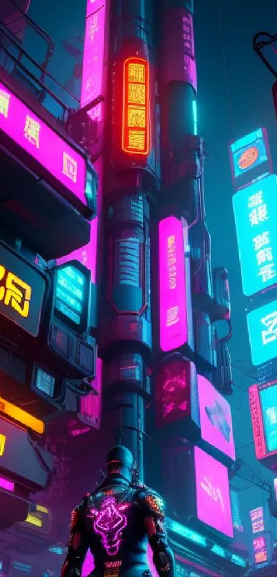 Futuristic city with neon lights and cyberpunk aesthetic in vibrant wallpaper.