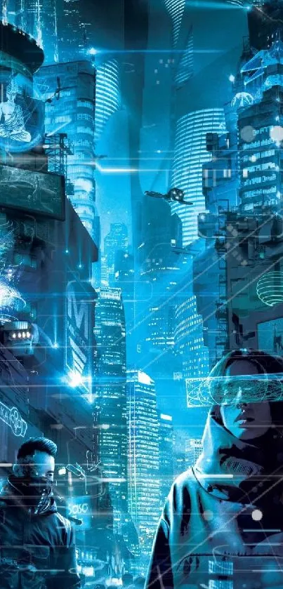 Futuristic cityscape with neon blue hues and cyberpunk vibe.