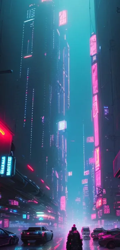 Futuristic neon-lit cityscape with a distant traveler, in a cyberpunk theme.