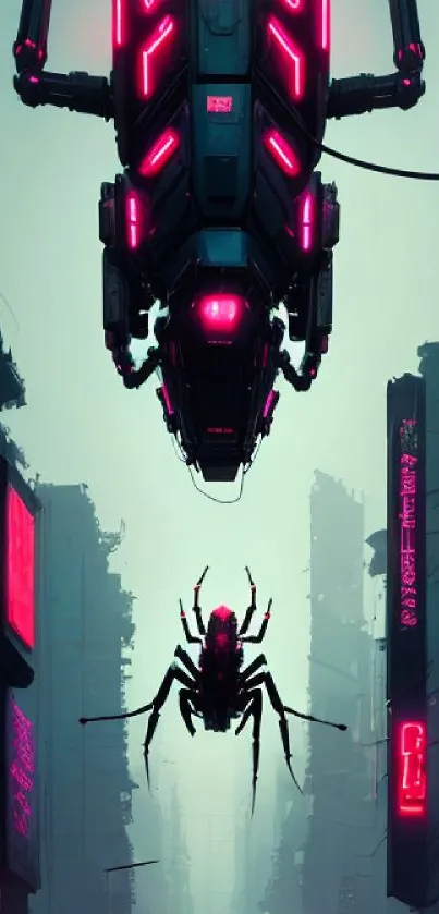 Futuristic neon cityscape with robotic drone and pink lights.