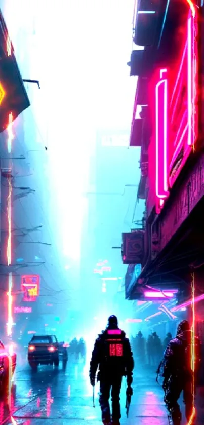 Futuristic cityscape with neon lights in cyberpunk style.