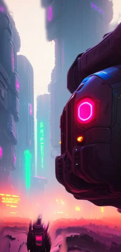 Futuristic cityscape with neon lights and glowing structures.