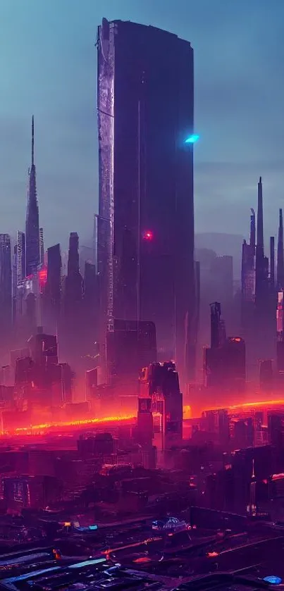 Futuristic cityscape with neon skyline at dusk.