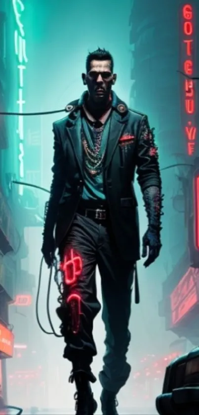 Futuristic figure in neon cityscape wallpaper.