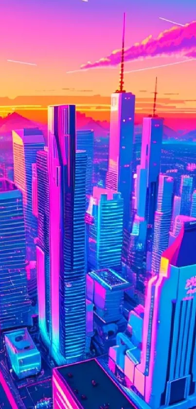 Futuristic neon cityscape with vibrant colors and skyscrapers.