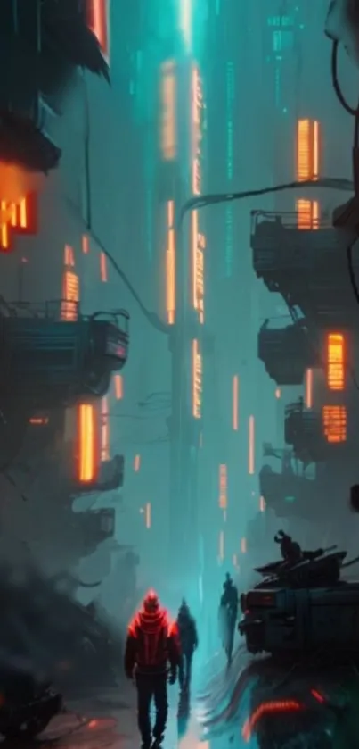 Futuristic neon cityscape with glowing signs and mysterious figures.