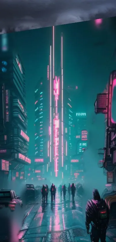 Futuristic cityscape with neon skyscrapers and misty streets at night.