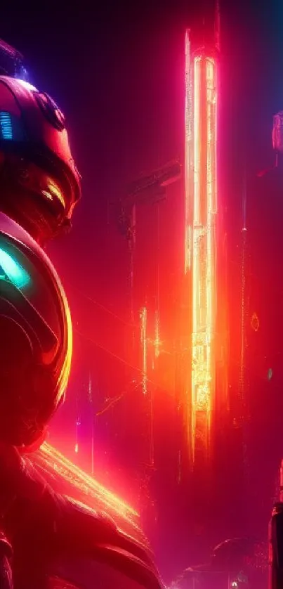 Futuristic neon cityscape with vibrant red and blue lights.