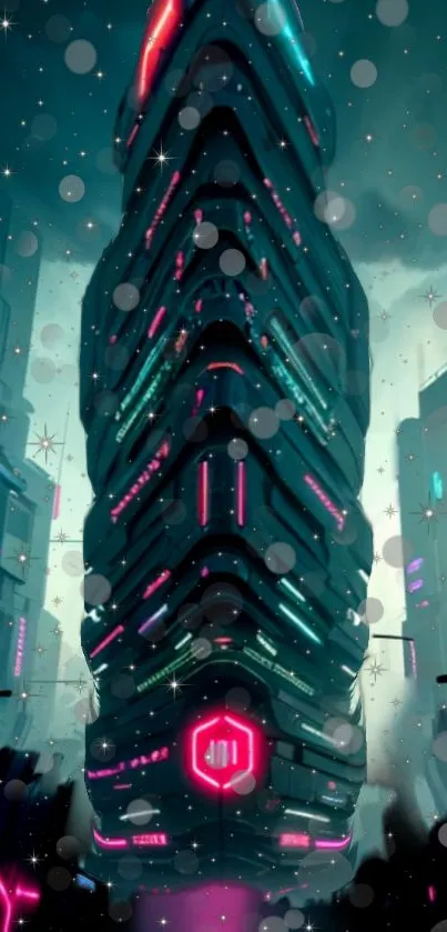 Futuristic skyscraper with neon lights and cyberpunk style.