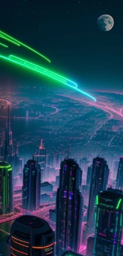 Futuristic neon cityscape with skyscrapers and glowing lights at night.