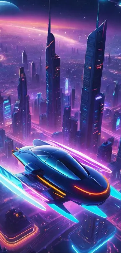 Futuristic cityscape with neon lights and a flying car in the foreground.