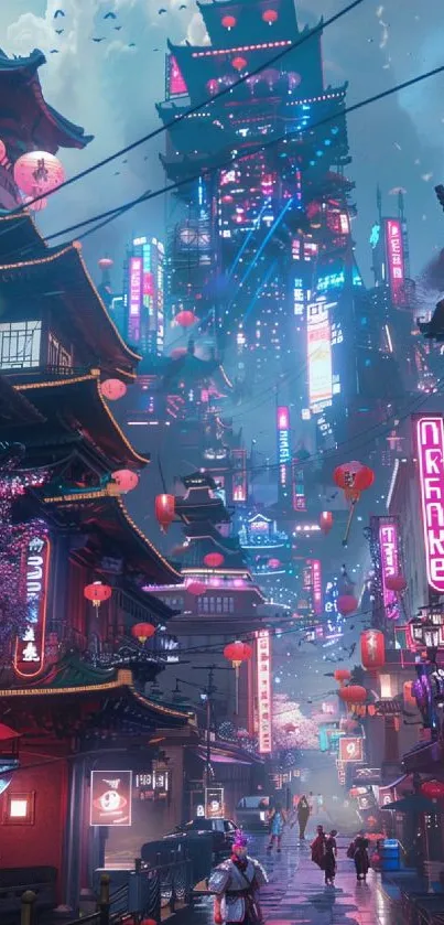 Futuristic neon cityscape with glowing lights and towering skyscrapers.
