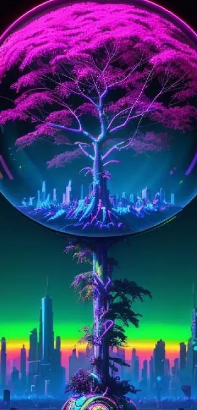 Futuristic neon tree against vibrant cityscape wallpaper