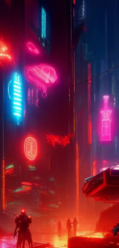 Futuristic neon cityscape with vibrant red and blue lights.