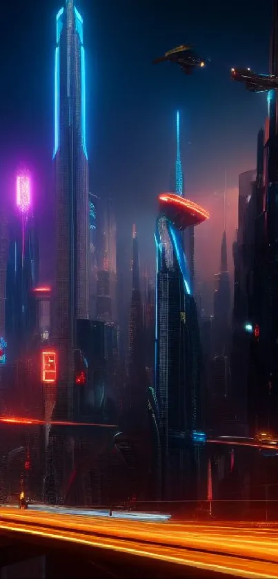 Futuristic cityscape with neon lights and flying cars on a mobile wallpaper.