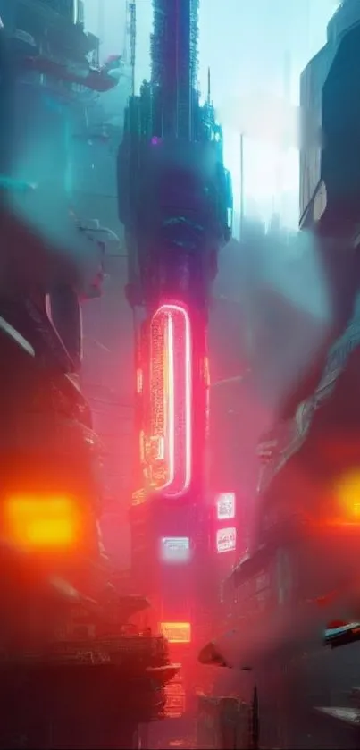 Futuristic cityscape with neon lights in blue and red hues.