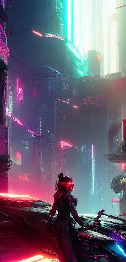 Futuristic neon cityscape with lone figure in cyberpunk style.
