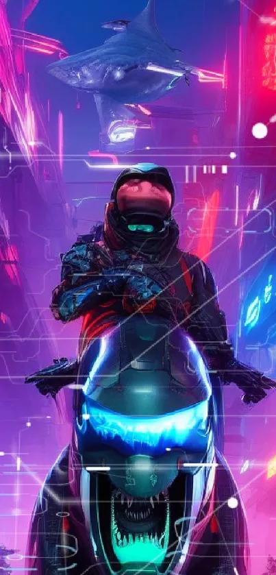 Futuristic neon city wallpaper with motorcycle and flying shark.