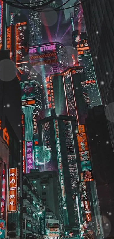 Futuristic cityscape with neon lights and skyscrapers at night.